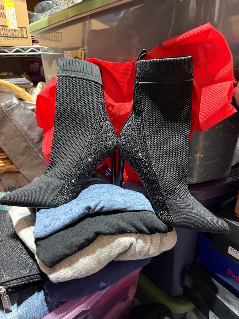 Steve Madden Black Knit Sock Booties with Crystal Accents